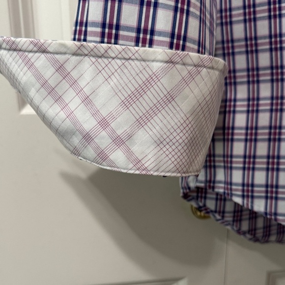 Burgundy/Navy and White Plaid Casual Button Down Shirt with Plaid Lined Cuff - Picture 4 of 6